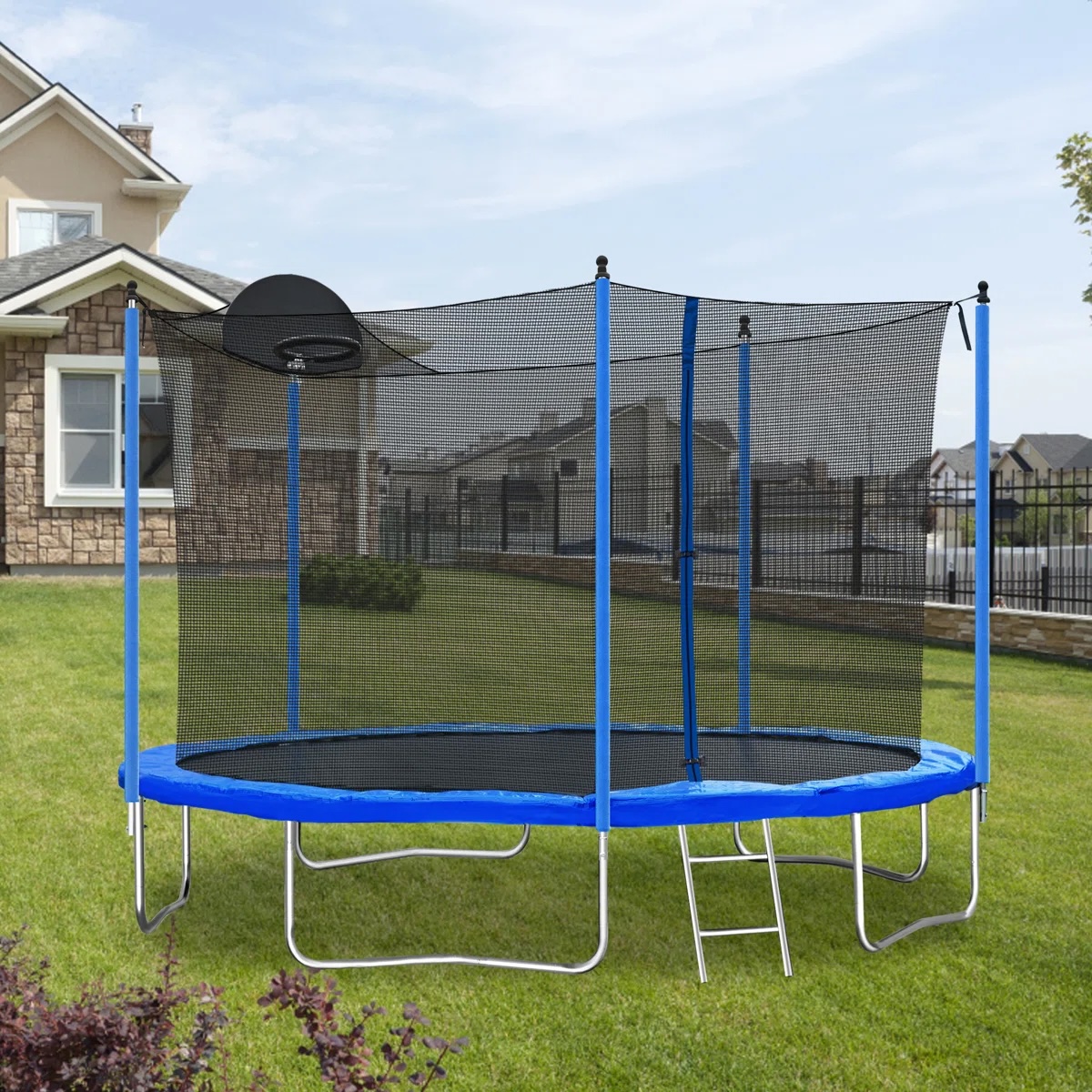 12ft Trampoline for Kids and Adults,Outdoor Trampoline with Enclosure,Basketball Hoop and Ladder,Upright-Poled Backyard Trampoline with Total Loading 1320Lbs,Birthday Gifts,Blue