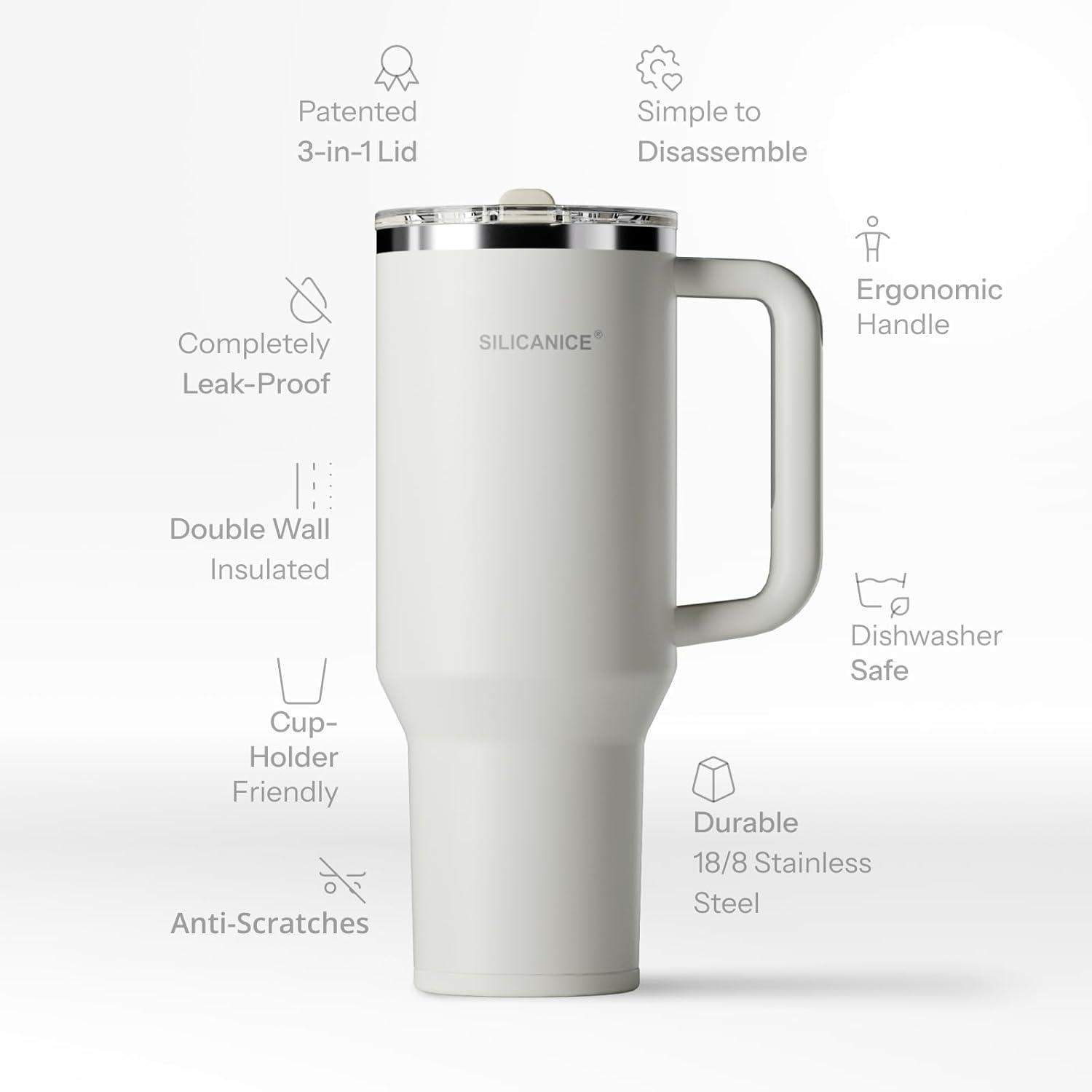 40 Oz Insulated Tumbler with Detachable Flip Straw Lid, Vacuum insulated Stainless Steel | BPA-Free, Handle & Cupholder Compatible - 24H Cold, Travel/Gym/Office,off white