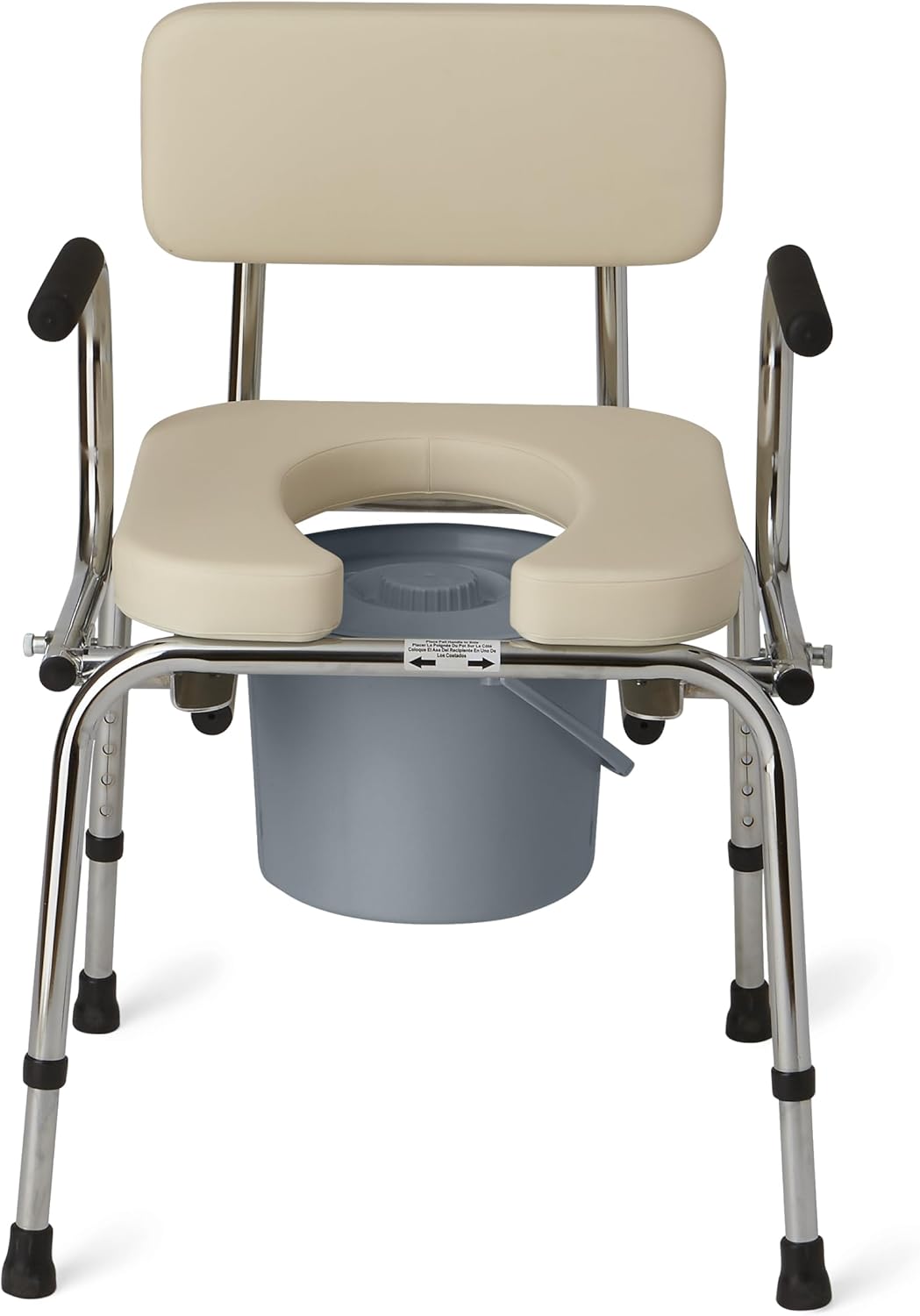 Drop Arm Commode with Padded Seat and Backrest, Durable Toilet Chair for Adults and Seniors, Removable Pail, Splash Guard, Drop Down Arms for Easy Transfer, 350 lb. Weight Capacity,