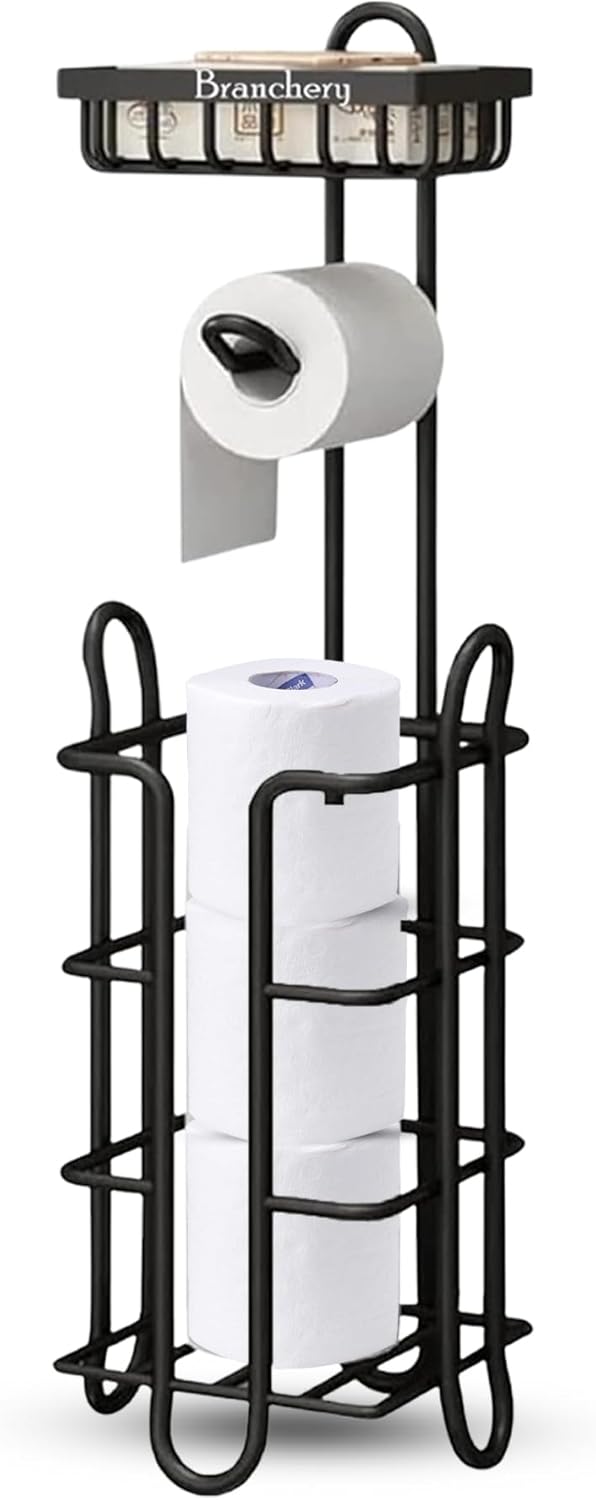 Black Toilet Paper Holder Stand with Shelf – Floor Bathroom Free Standing Toilet Tissue Holder Shelf for Restroom – Multiple Toilet Roll Holder Storage Rack for Bathroom - Stores 3 to 4 Roll