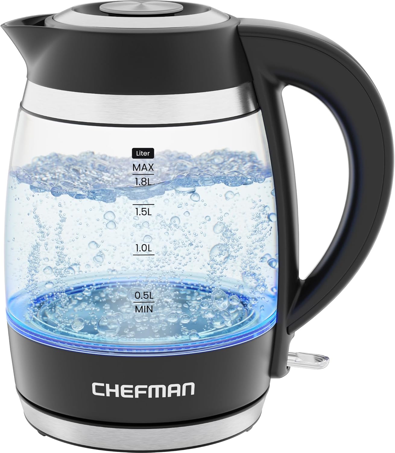 Chefman 1.8L Lightning Borosilicate Glass Electric Kettle: Stainless Steel Lid, 1750W, Hand Wash, Silver & Black Accents