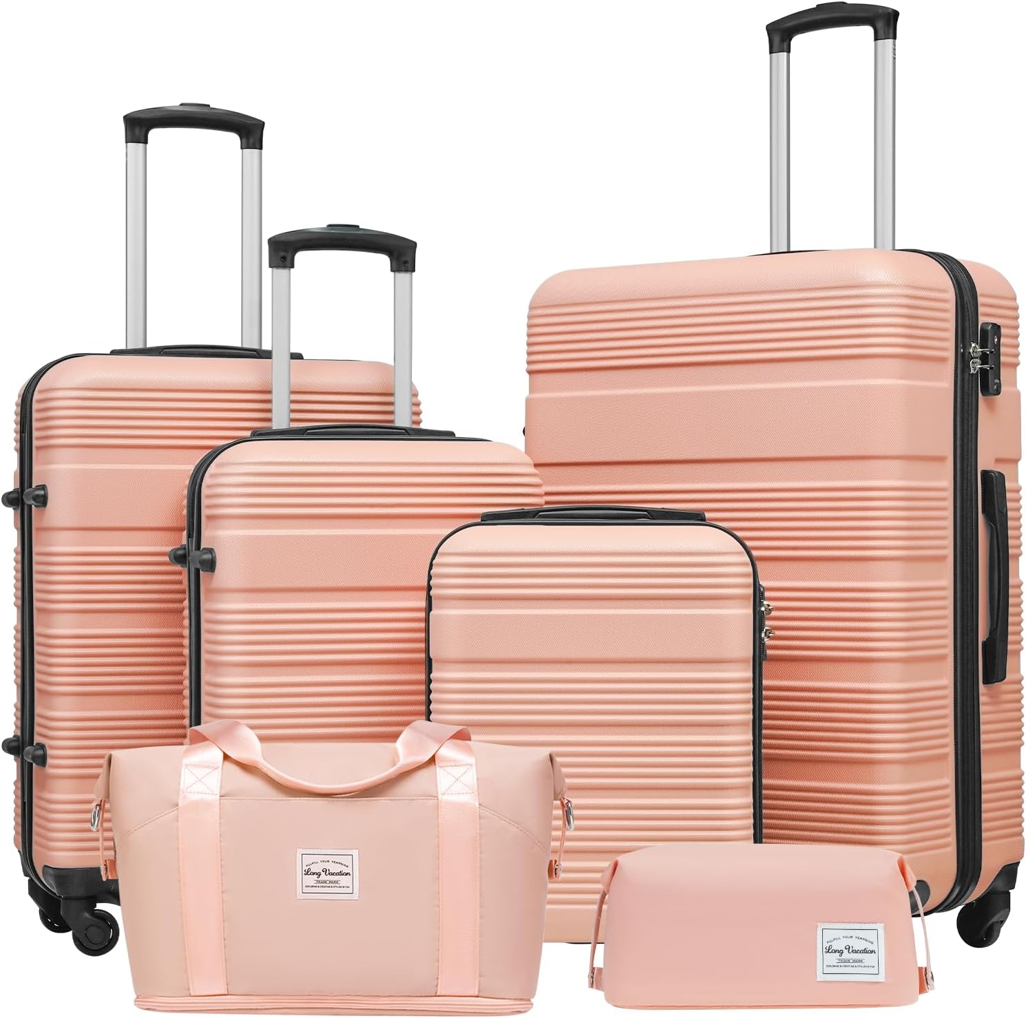Set of 5 Color rose  Hardside Large Checked Luggage, Hardshell Suitcase With Wheels, Expandable For Up to 15% More Space, With Scratch-Resistant Surface, Four Multi-directional Wheels, Rose Gold