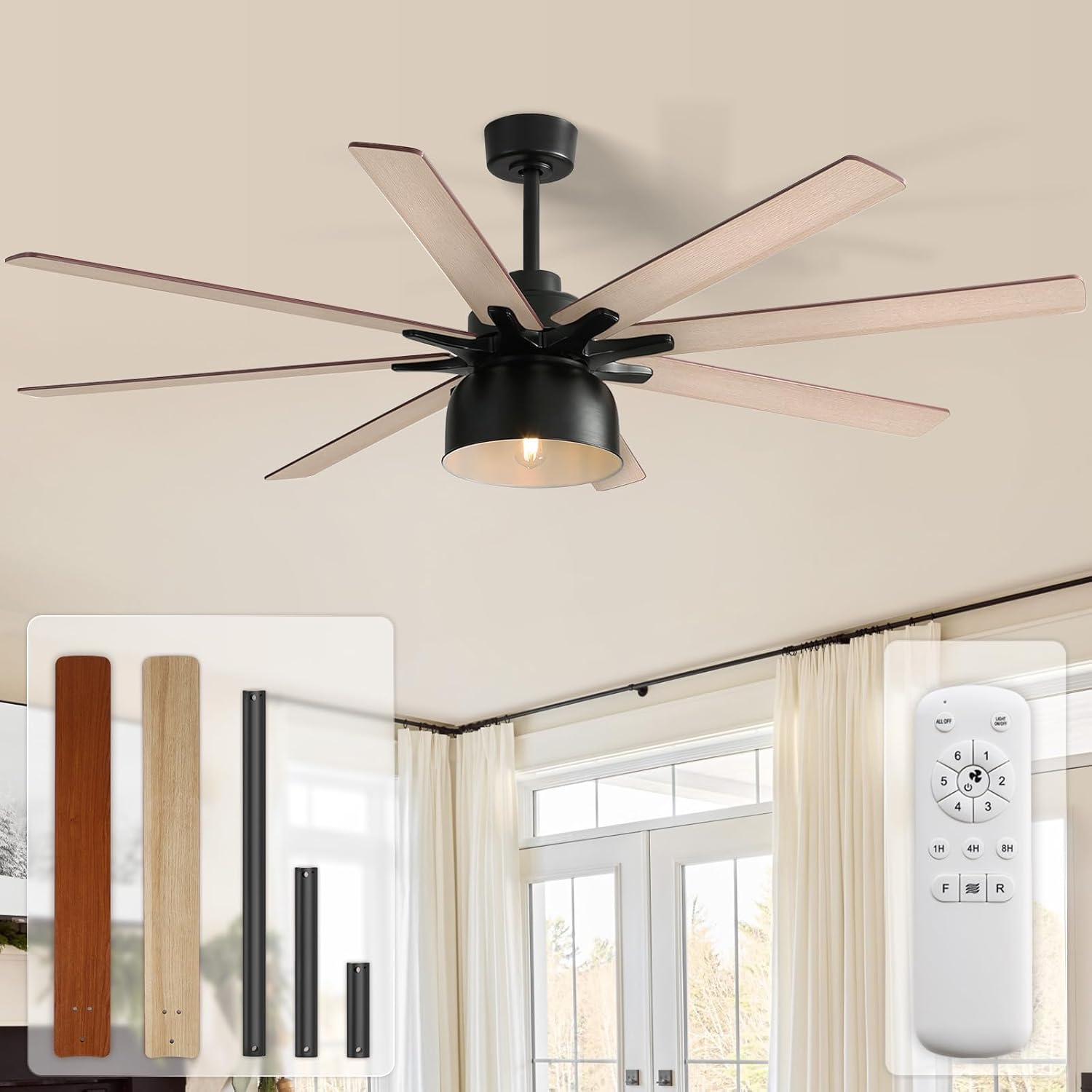 Size 52 Color brown  Ceiling Fans with Lights, 52 Inch Farmhouse Ceiling Fans with Light and Remote, Modern Ceiling Fan with Light Bulb,Reversible DC Motor, Dual Finish 8 Blade Wood Ceiling Fan for Indoor/Outdoor
