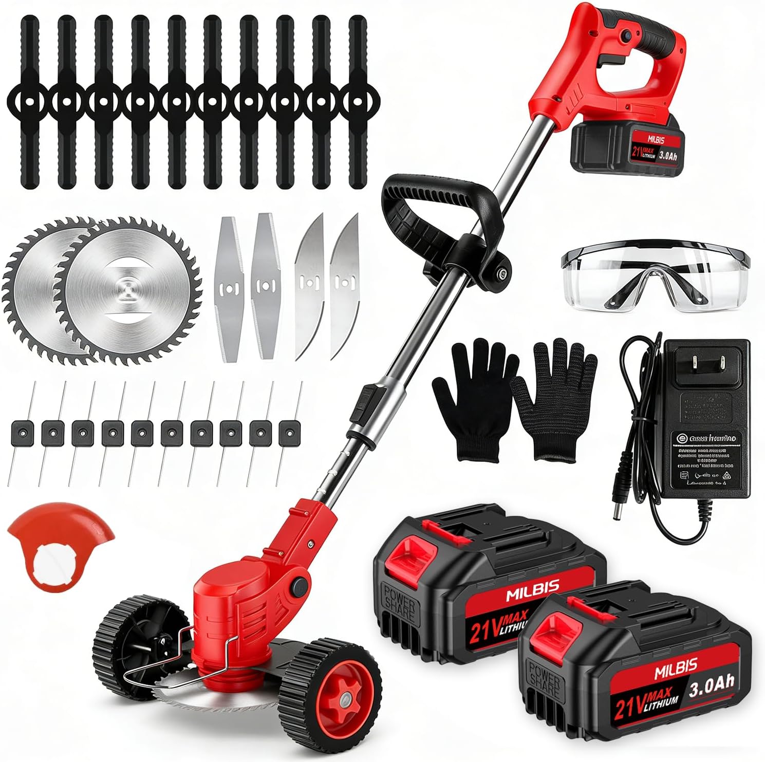 Cordless Weed Wacker with Wheels, 880W Battery Powered Weed Eater with 2 x 21V Batteries, 3-in-1 Electric Grass Trimmer & Brush Cutter with 5 Types Blades, Lightweight Weed Trimmer for Lawn & Garden