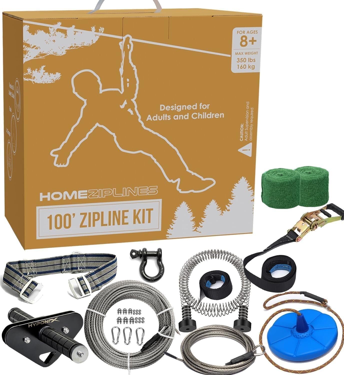 Hyponix Zip Line Kit for Kids & Adults 65' Backyard Zipline for Outdoor — 350lb Capacity, 1/4 Stainless Steel Cable, 7.5' Spring Brake, Ratchet System, Cushioned Seat, Gifts for Kids