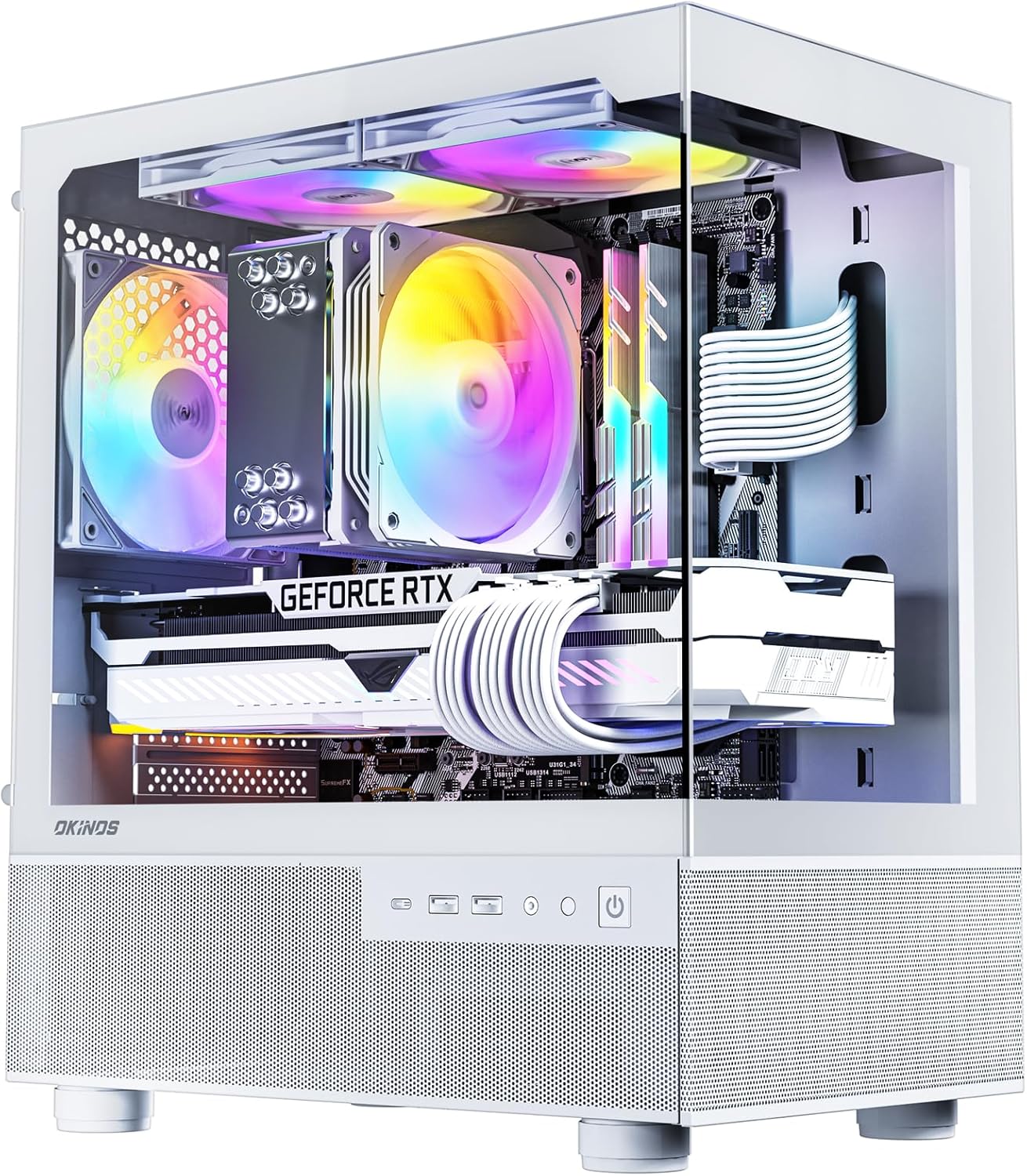 Okinos Aqua 3, Micro ATX Case, MATX PC Case with 3 X 120mm 3-Pin ARGB Fan Pre-Installed, Panoramic View Tempered Glass Front & Side Panel, with Type C Port, White