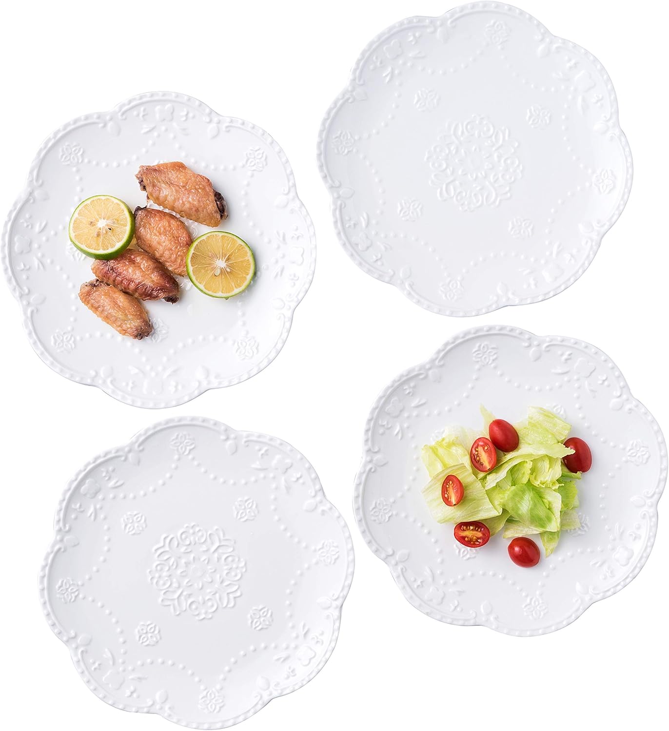 Jusalpha Set of 4- Embossed Lace Porcelain Plate-Dinner Plate Set, Pasta/Salad/Dessert Plate,Tableware Set for Restaurant Family Party Kitchen Use -4 Pieces, FD-PL15 (8 Inche, White)