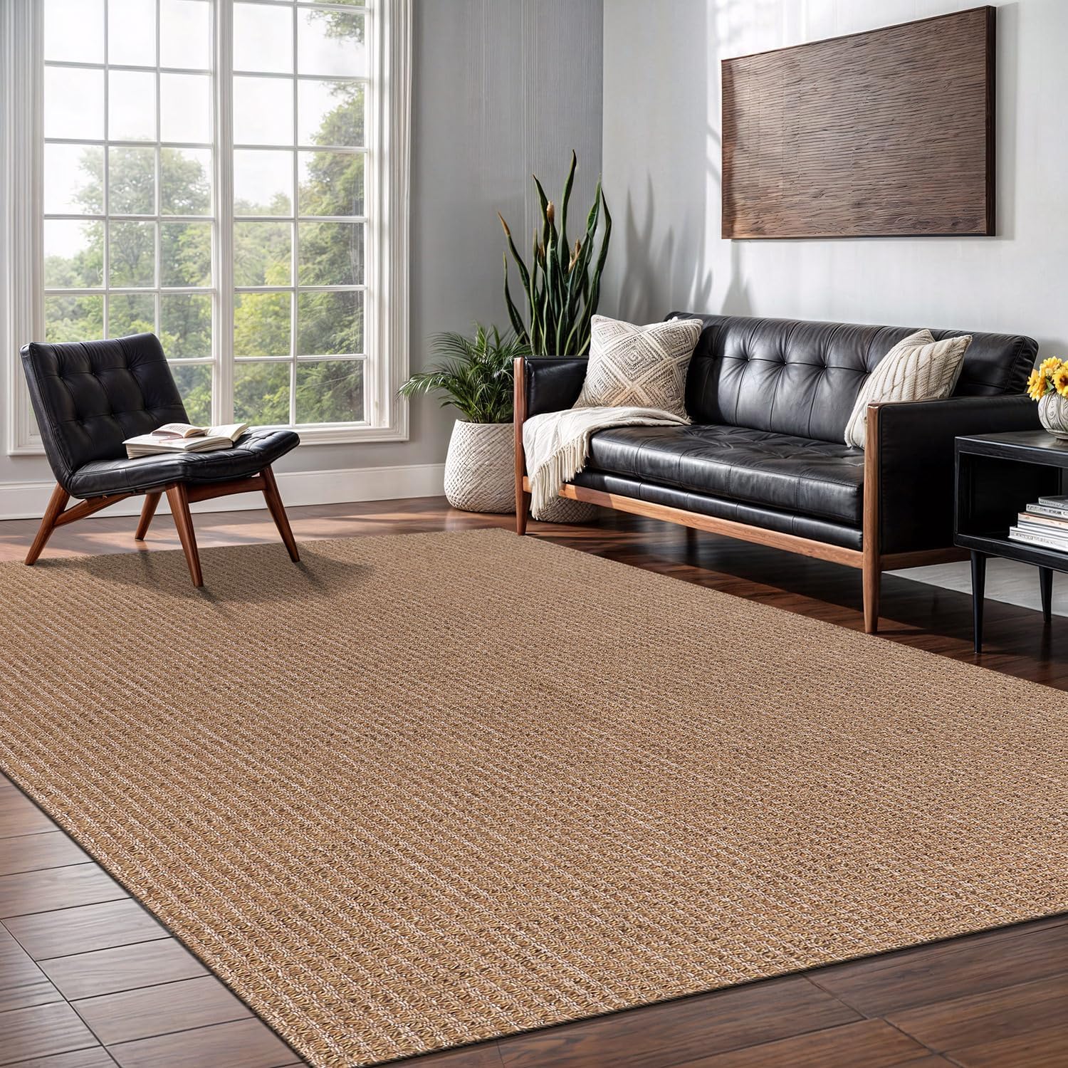 Easy Jute Rugs 9x12 Natural Color Living Room Indoor Outdoor Area Rug for Farmhouse Patio and Kitchen Rug High Traffic Washable Easy to Clean Solid Boho Woven Design Outside Carpet (9 x 12)