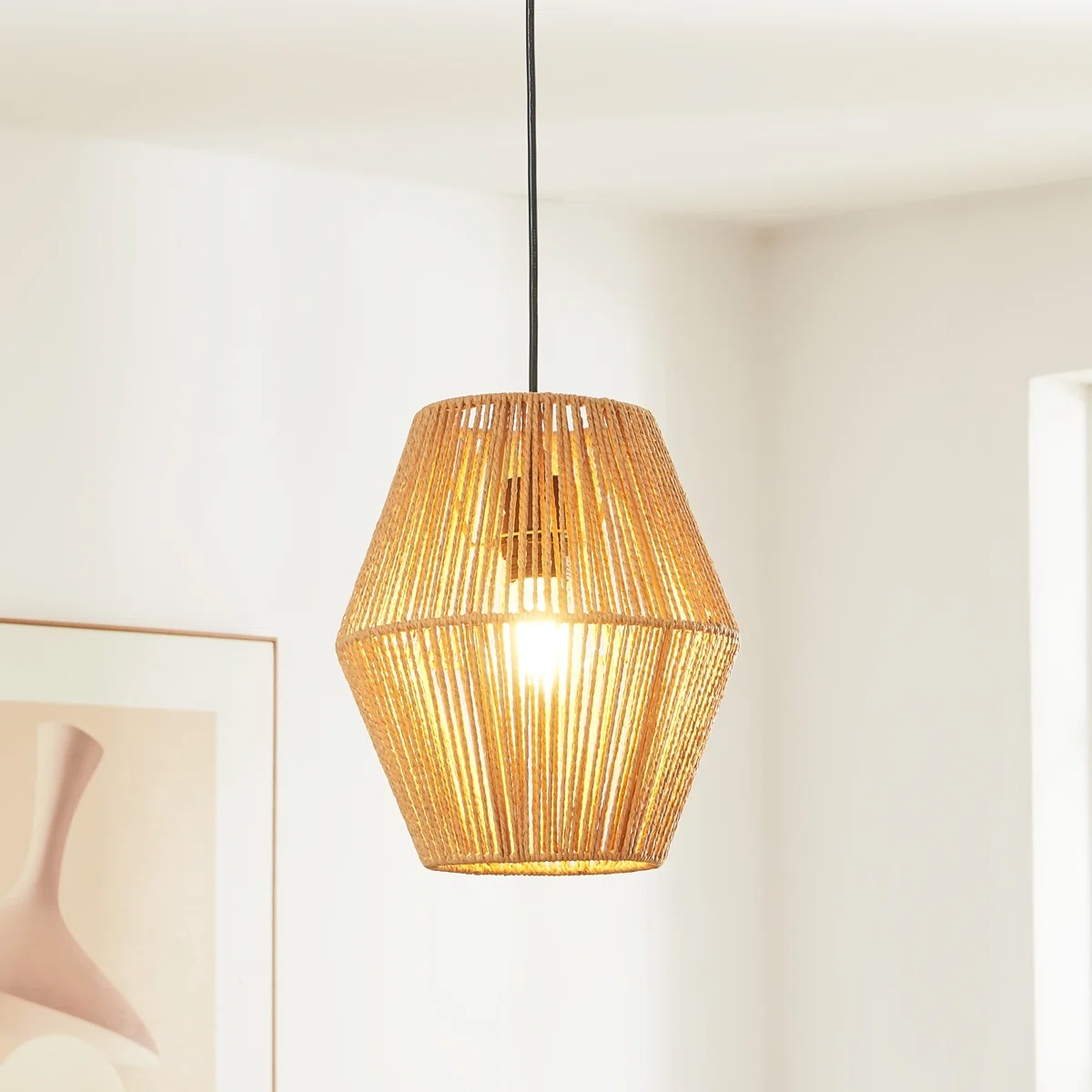 Chaudruc 1-Light Pendant Light with Hand-Woven Paper Rattan Natural Lampshade for Kitchen, Dining Room Hanging Fixture
