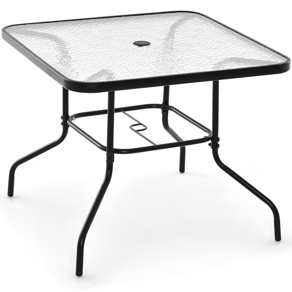 Costway Square Glass Patio Table With Umbrella Holder