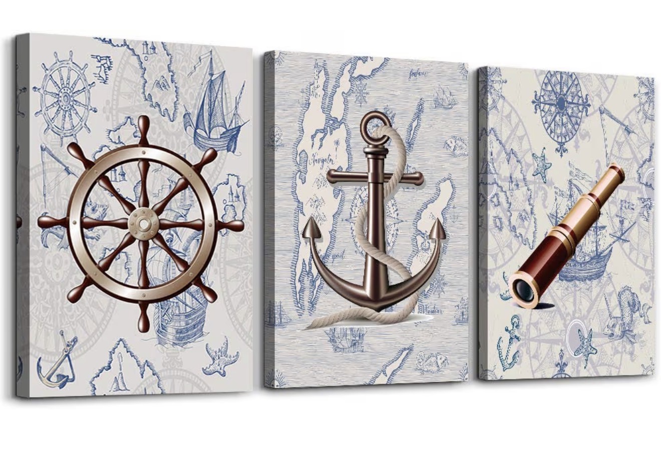 ocean theme steering wheel telescope ship pendant Canvas Prints bathroom Wall Art for Bedroom Wall decor Artworks Pictures wall decorations for living room,3 piece Home decor kitchen wall paintings