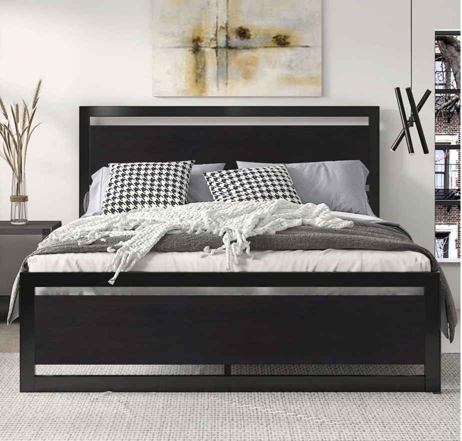 Z-hom Queen Bed Frame with Modern Wood Headboard & Footboard, Upgraded Heavy Duty Metal Sturdy Bed Frame Queen Size, Stable Platform Bed Furniture Bed Storage, No Noise, No Box Springs, Vintage ALL BLACK