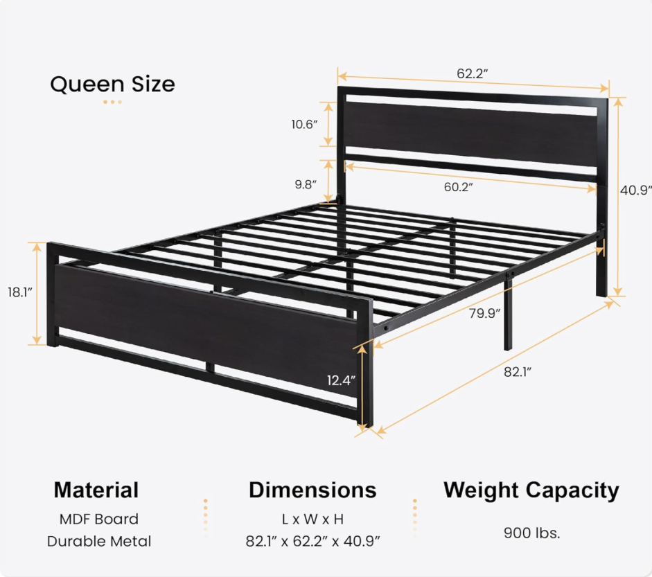 Z-hom Queen Bed Frame with Modern Wood Headboard & Footboard, Upgraded Heavy Duty Metal Sturdy Bed Frame Queen Size, Stable Platform Bed Furniture Bed Storage, No Noise, No Box Springs, Vintage ALL BLACK