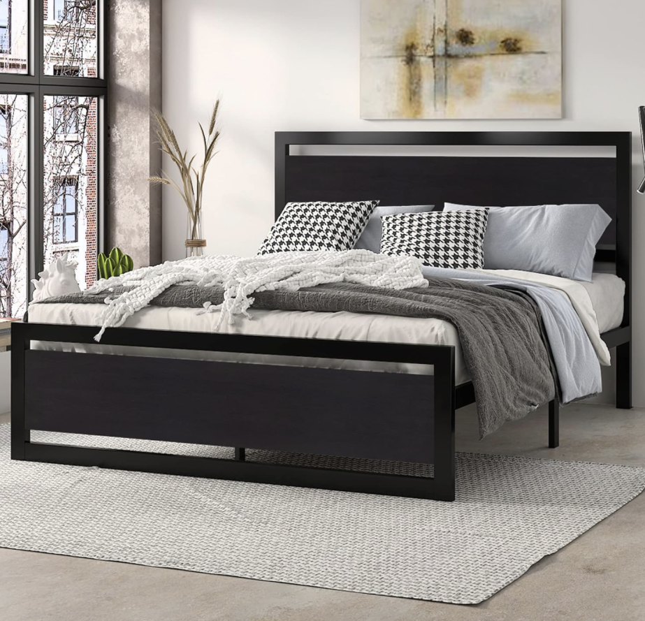 Z-hom Queen Bed Frame with Modern Wood Headboard & Footboard, Upgraded Heavy Duty Metal Sturdy Bed Frame Queen Size, Stable Platform Bed Furniture Bed Storage, No Noise, No Box Springs, Vintage ALL BLACK