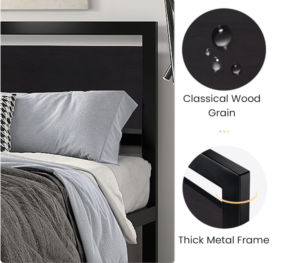 Z-hom Queen Bed Frame with Modern Wood Headboard & Footboard, Upgraded Heavy Duty Metal Sturdy Bed Frame Queen Size, Stable Platform Bed Furniture Bed Storage, No Noise, No Box Springs, Vintage ALL BLACK