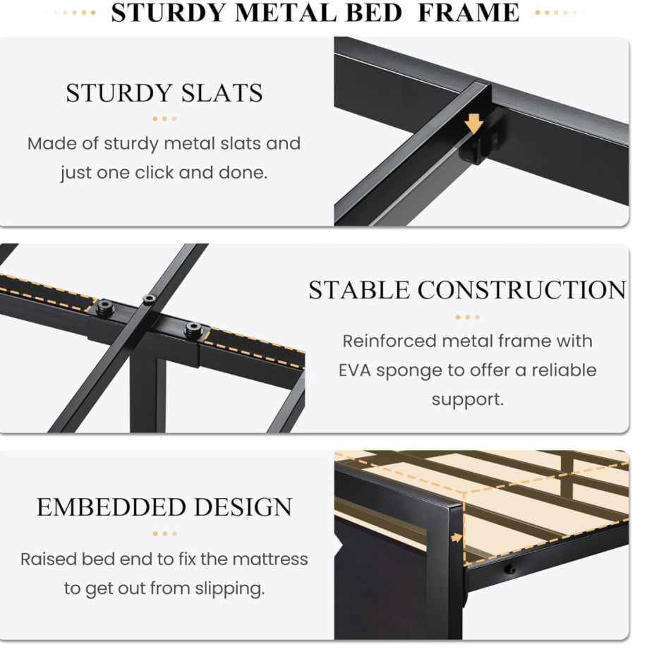 Z-hom Queen Bed Frame with Modern Wood Headboard & Footboard, Upgraded Heavy Duty Metal Sturdy Bed Frame Queen Size, Stable Platform Bed Furniture Bed Storage, No Noise, No Box Springs, Vintage ALL BLACK