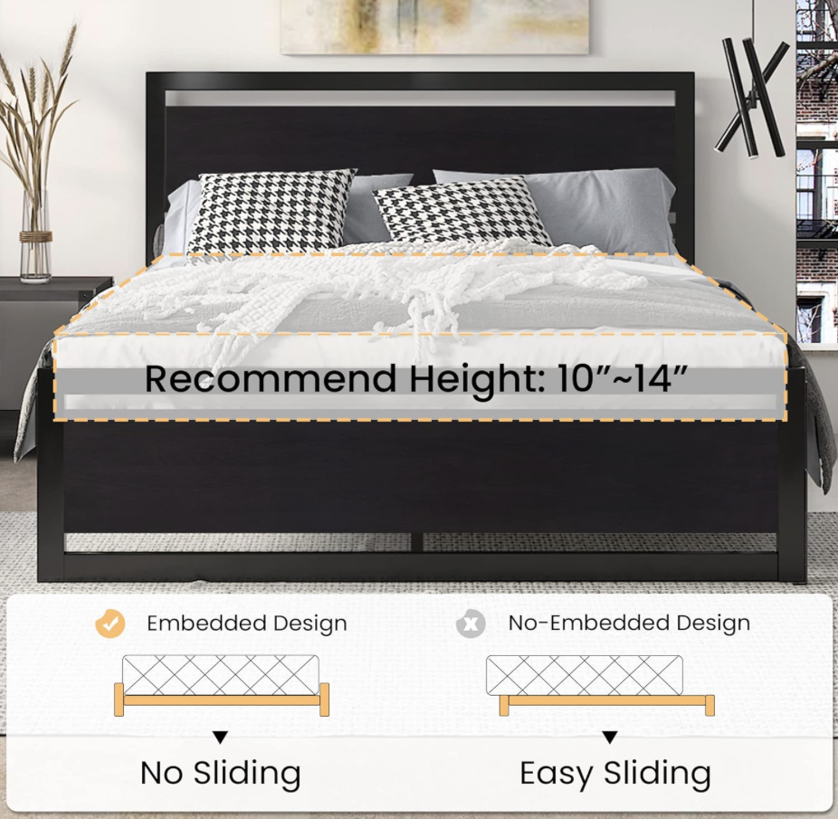 Z-hom Queen Bed Frame with Modern Wood Headboard & Footboard, Upgraded Heavy Duty Metal Sturdy Bed Frame Queen Size, Stable Platform Bed Furniture Bed Storage, No Noise, No Box Springs, Vintage ALL BLACK