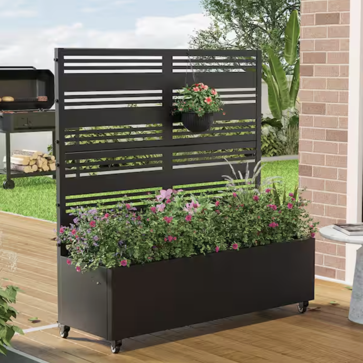Metal Planter Box with Trellis with Wheels Black