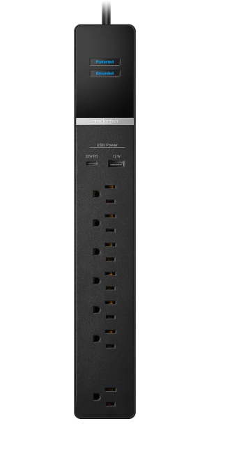 Rocketfish 7-Outlet/2-USB 2100 Joules Surge Protector Strip - Multiple-Outlet Extension Cord with Surge Protection - Power Strip with USB Ports - Travel & Home Extension Cord for Wall Outlets - Black