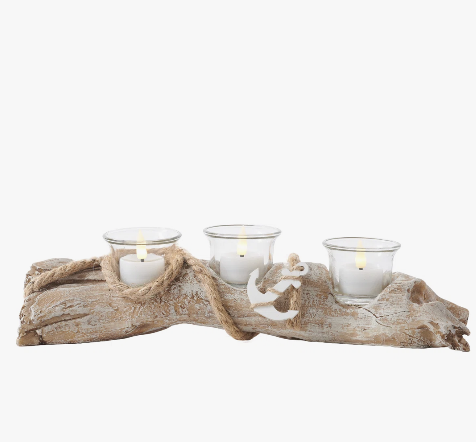 Studio 66 Anchors Centerpiece - Natural Wood Candle Holder & LED Tealights Set, Yellow
