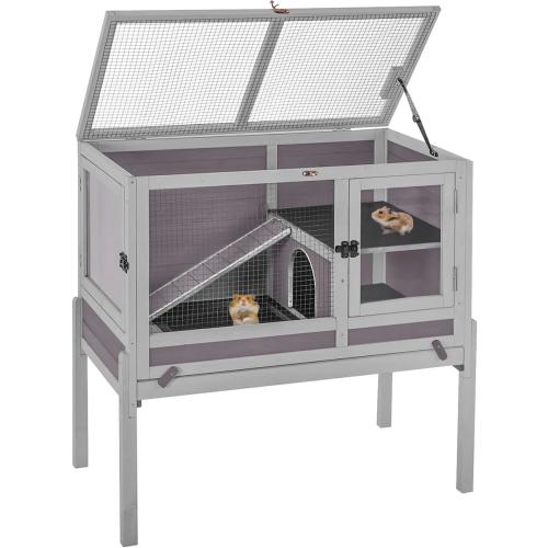 Indoor Outdoor Rabbit Hutch with Removable Stand, Wood Anti-Chewing Bunny House with Ramp for Hamster Guinea Pig, 2 Story Small Animals House Habitat with Pull Out Tray