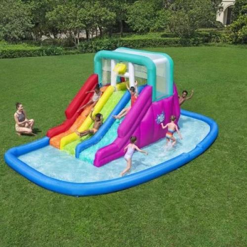 Bestway H2OGO! Triple Splash Course Inflatable Kids Mega Water Park with Slides, Climbing Wall, Storage Bag, and Air Blower for Quick Setup.