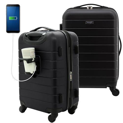 Wrangler Smart Luggage Set with Cup Holder and USB Port Black 20-Inch Carry-On