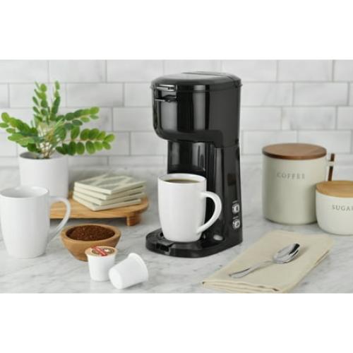 (MISSING K CUP HOLDER & REUSABLE FILTER) Mainstays Single Serve Coffee Maker, 1 cup Capsule or Ground Coffee, Black, New, Model: 202140