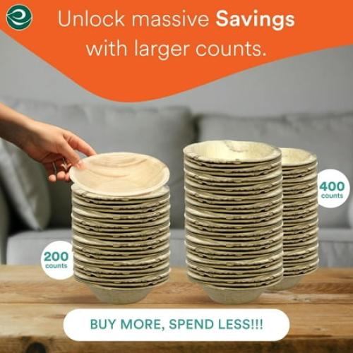 ECO SOUL 100% Compostable 5 Inch Palm Leaf Bowls, 200 Counts | Heavy Duty Bamboo Disposable Bowls | Eco-Friendly Biodegradable Bowls