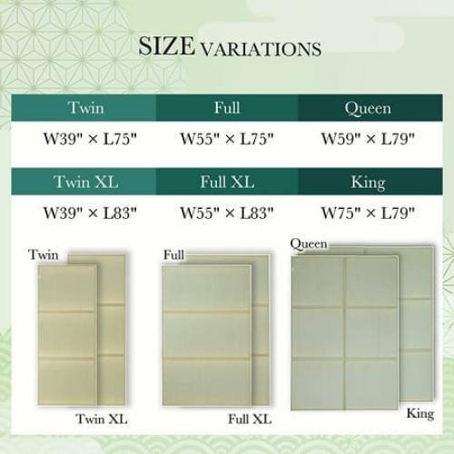 Green Twin Size FULI Japanese Tatami Mattress, Igusa Mat (100% Japanese Rush Grass) Folds in Three, Made in Japan (Natural, Twin)