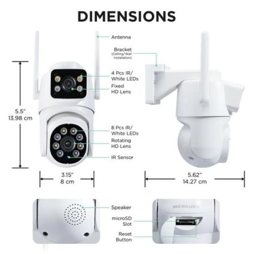 Merkury Smart Outdoor Camera 1080p - Dual Lens Pan-Tilt Security Cam, White (1-Pack)