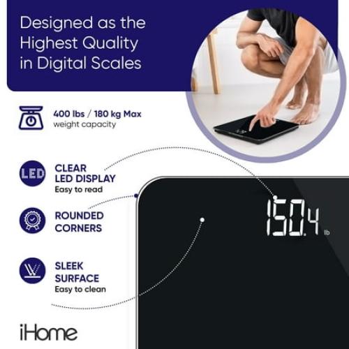 iHome Digital Battery Powered Bathroom Scale 397 lbs with Fit  Personal Coach App, FSA and HSA Eligible, Black