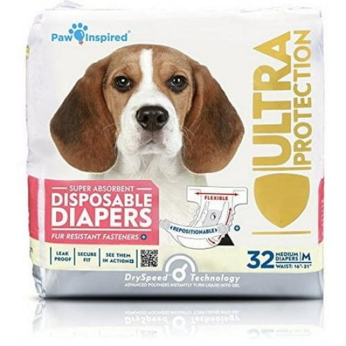 Paw Inspired Disposable Dog Diapers Female| Puppy, Doggie, Cat, Pet Diapers |Diapers for Dogs in Heat Period, Diapers that Stay on, Senior, Excitable Urination, or Incontinence (Medium, 32 Count)