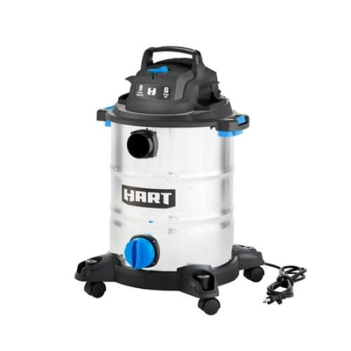 HART 8 Gallon Wet/Dry Vacuum, 6 Peak HP Motor, Stainless Steel Tank, Convertible to Blower, On-Board Storage, 17 ft Cleaning Reach