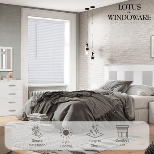 Lotus & Windoware Cordless 1 Vinyl Mini Blind Light Filtering Horizontal Blind, 35 Width x 60 Length, White, Smooth