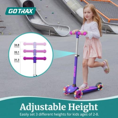 Color purple GOTRAX KS1 Kids Kick Scooter, Toddler Scooter 3 Wheel with LED Lighted, 3 Adjustable Handlebars, Suitable for Boys and Girls Ages 2~8 Children and Max Load 100 lbs, Purple