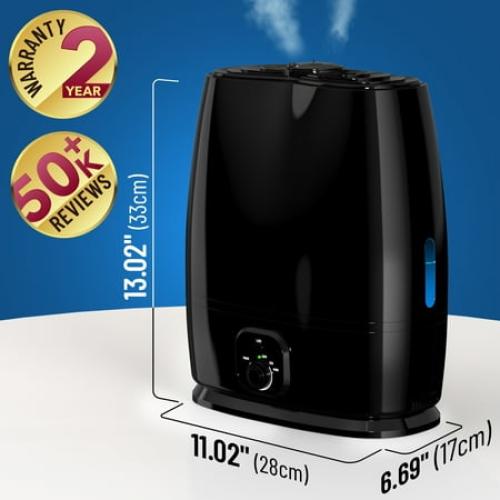 Everlasting Comfort Ultrasonic Cool Mist Humidifier for Bedroom (6L), Filterless Large Room Humidifiers, Lasts 50 Hours With Essential Oil Diffuser Tray, Quiet, Small Air Vaporizer (Black)