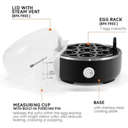 Elite Gourmet EGC115B Easy Egg Cooker Electric 7-Egg Capacity, Soft, Medium, Hard-Boiled Egg Cooker with Auto Shut-Off, Measuring Cup Included, BPA Free, Classic Black