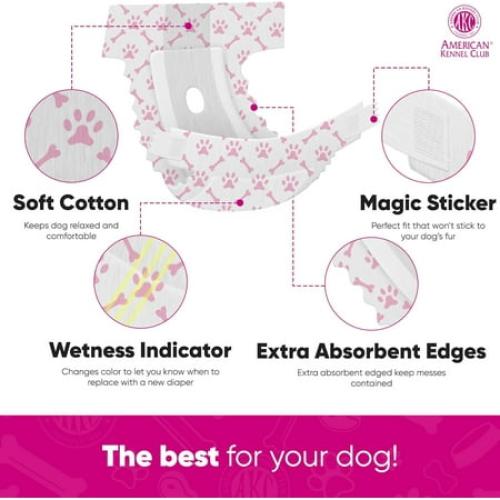 American Kennel Club Female Dog Wrap, Disposable Diapers with Wetness Indicator, Large, 50 Count