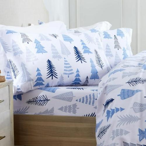 Market & Place Alpine Printed 100% Cotton Flannel Sheet Set, Queen, Blue Forest, 3-Pieces
