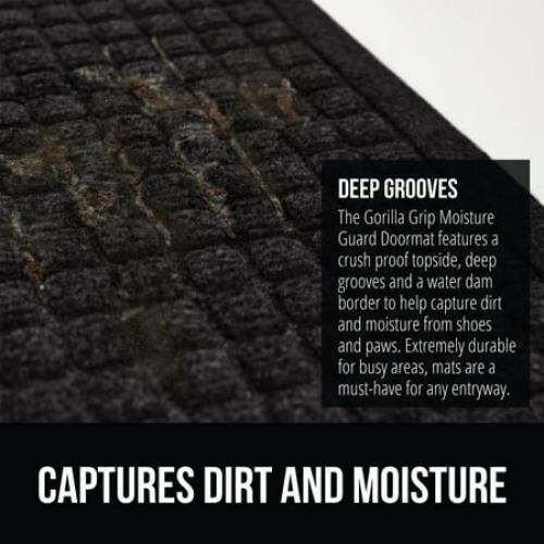 GORILLA GRIP Moisture Guard Doormat, Indoor Outdoor Rubber Backed Weather Mat, 35x23, Black