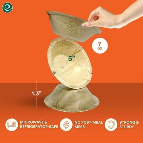 ECO SOUL 100% Compostable 5 Inch Palm Leaf Bowls, 200 Counts | Heavy Duty Bamboo Disposable Bowls | Eco-Friendly Biodegradable Bowls