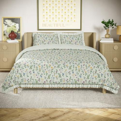 Beautiful 100% Cotton Botanical 3-Piece Sage Green Comforter Set, Full/Queen by Drew Barrymore