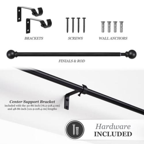 Kenney Chelsea 5/8 Matte Black Single Curtain Rod, 28-48, Black
