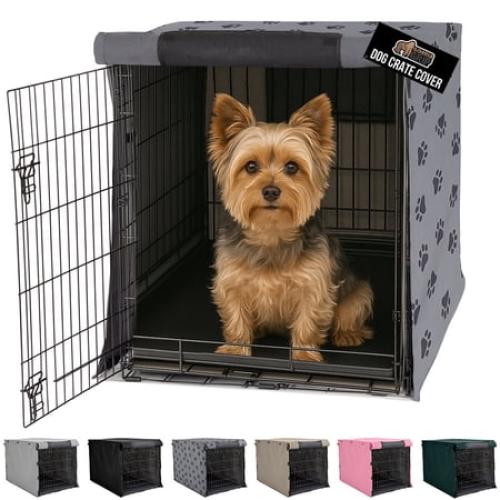 GORILLA GRIP Dog Crate Cover, Fits 24 Indoor Kennel Cage, Breathable Mesh Windows, Gray Paw