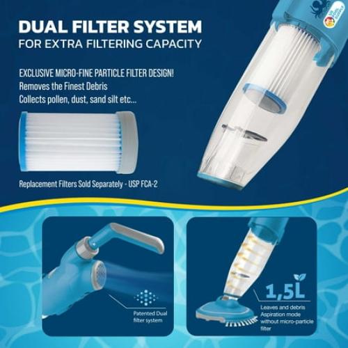U.S. Pool Supply Octopus Handheld Pool Vacuum Cleaner - Cordless, Rechargeable, Powerful 2-Speed Suction, Dual Filtering, Scrub Brush Head, Cleans Removes Debris, Above-Ground, In-Ground Pools, Spa