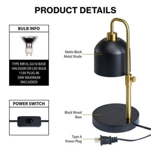 Better Homes & Gardens Matte Black Metal Candle Warmer Lamp with Adjustable Height, Gold Accent
