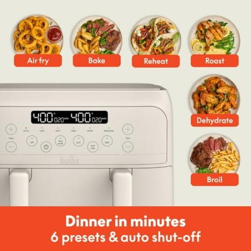 bella 4 Qt Dual Basket TriZone® Air Fryer with EverGood™ Ceramic Nonstick Coating, Removable Divider, Oatmilk
