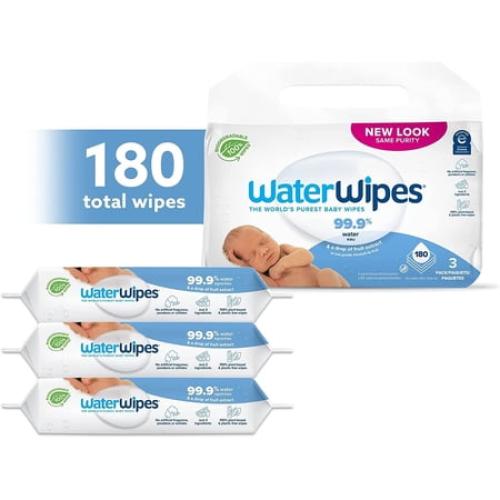 WaterWipes Plastic-Free Original Baby Wipes, 99.9% Water Based Wipes, Unscented & Hypoallergenic for Sensitive Skin, 180 Count (3 packs), Packaging May Vary 60 Count (Pack of 3)