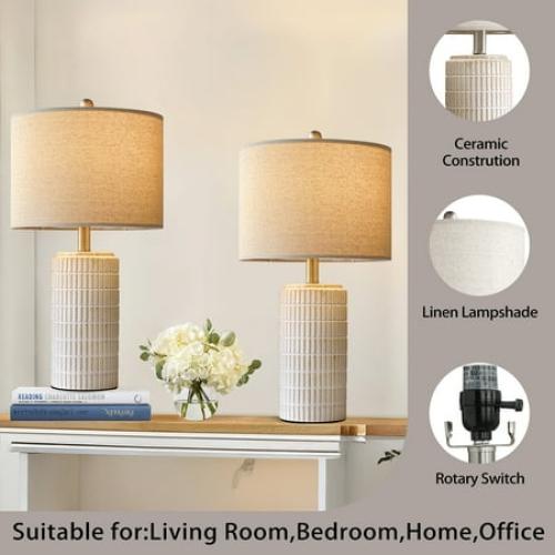 Oneach White Ceramic Table Lamps Set of 2 for Living Room Bedroom 23 Rustic Bedside Nightstand Lamps with Linen Lamp Shades